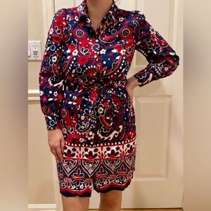 Talbots Red and Blue Floral Long Sleeve Dress